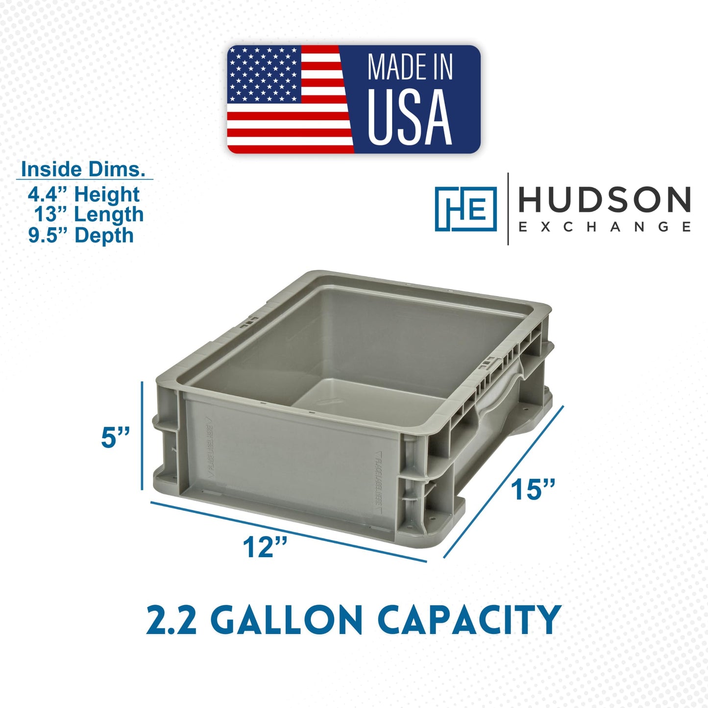 Hudson Exchange 12 x 15 x 5" (2.2 Gallon) Straight Wall Handled Storage Container Tote