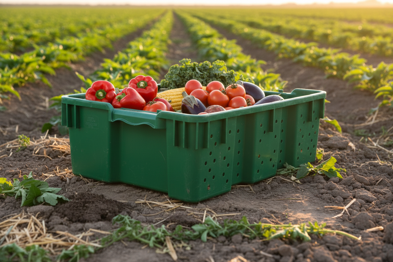 24 x 16 x 7.3" (7.5 Gallon) Agricultural Vented Crate Handled Storage Container Tote